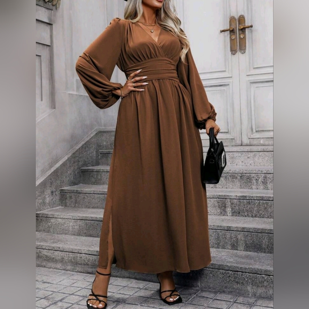 NEW Chic Ruched Waist Lantern Sleeve Maxi Dress PLUS Mocha Brown